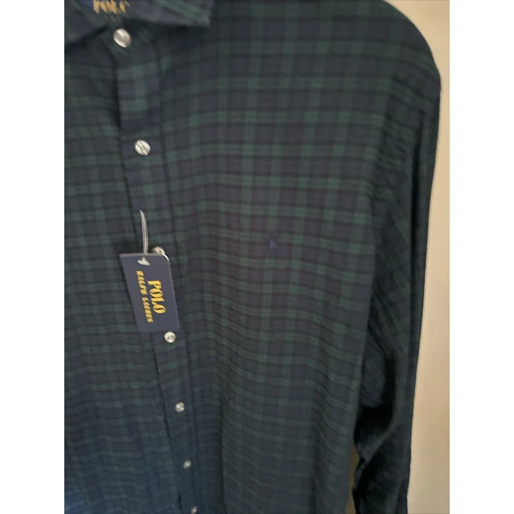 Polo Ralph Lauren Mens XL Slim Fit Blackwatch Plaid Button Down Shirt Navy Green